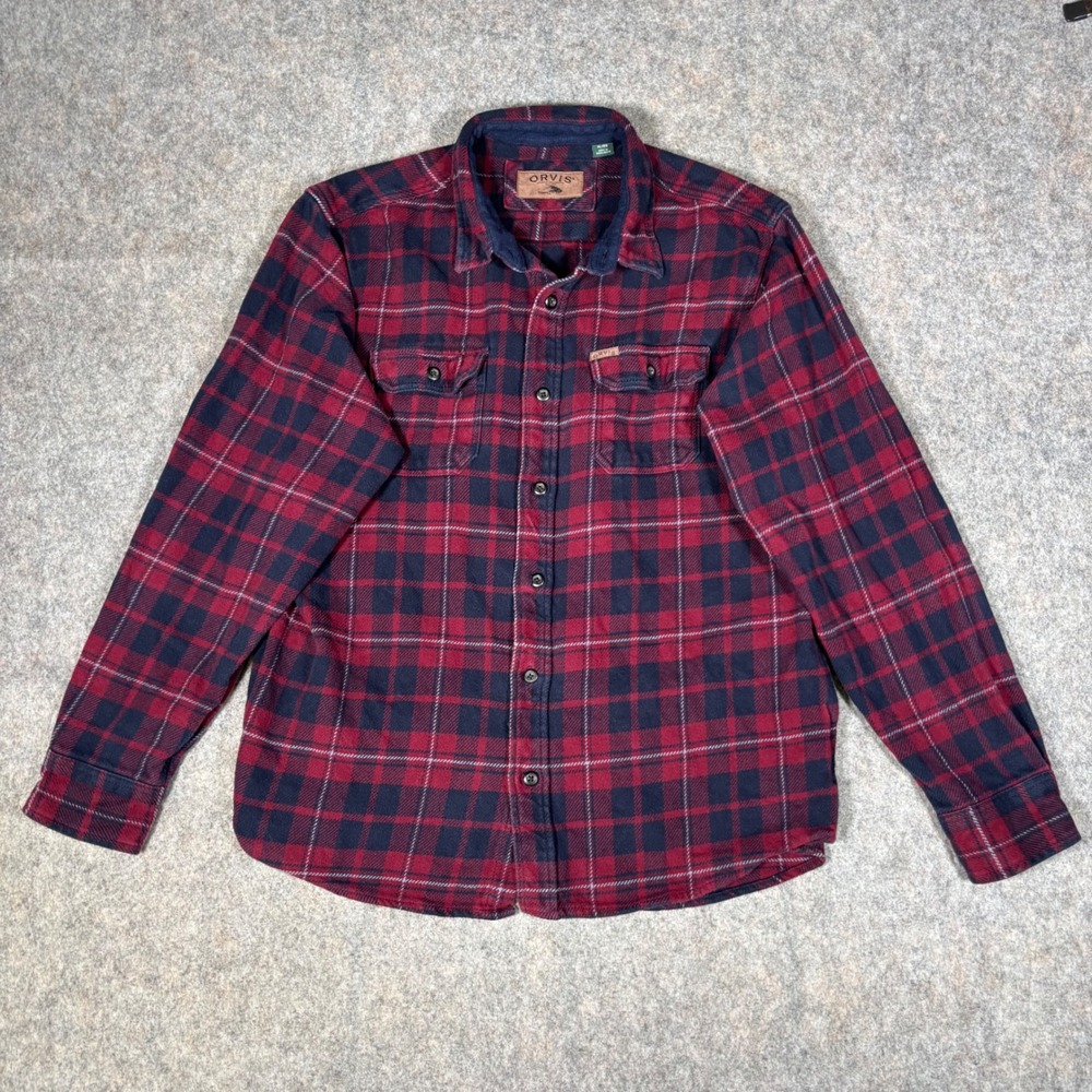 Orvis Flannel Button Down Mens XL Red Navy Plaid Heavyweight Shirt Shacket Work